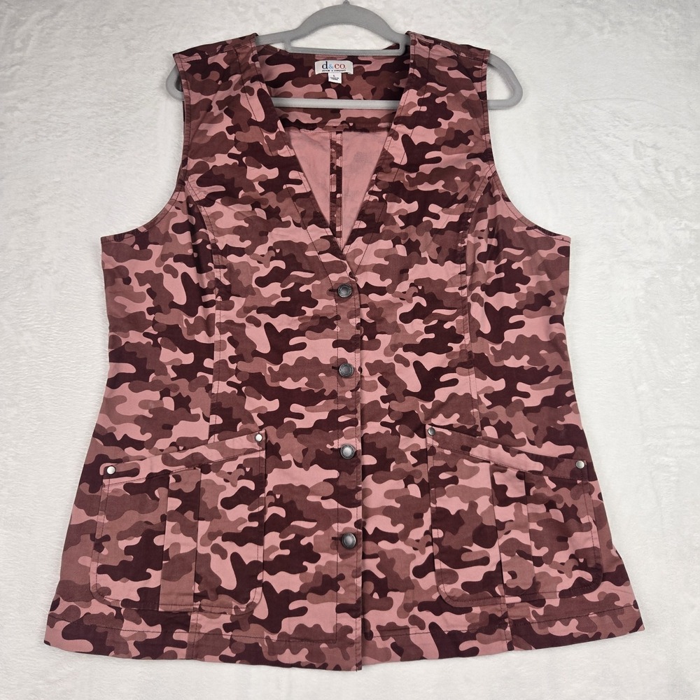 Denim & Company Women's Pink Camo Vest Size Large Pockets Buttons‎